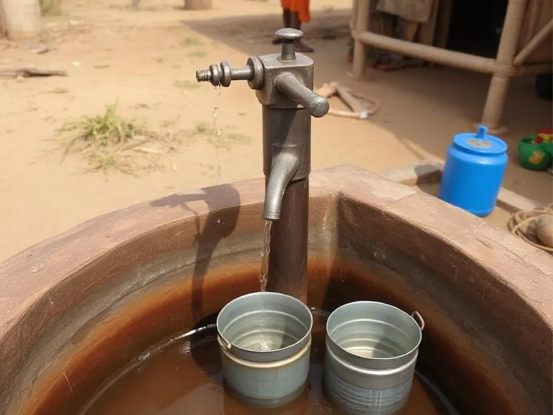Clean water flowing from a village hand pump into containers
