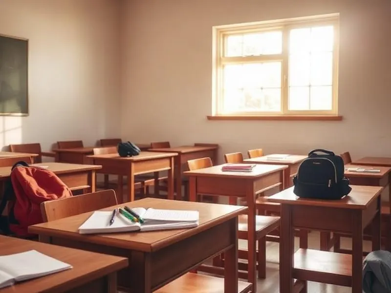A sunlit classroom with notebooks and school bags on desks