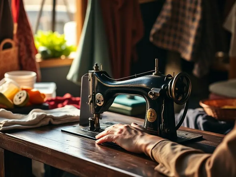 Hands working at a sewing machine in a small tailoring workshop